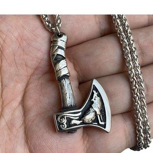 NEW Mens Silver Viking Axe Pendant Necklace